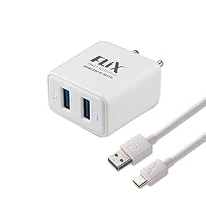 Flix (Beetel) Bolt 2.4 12W Dual USB Smart Charger, Made in India, Bis Certified, Fast Charging Power Adaptor with 1 Meter USB to Type C Cable for Cellular Phones (White)(Xwc-64D)