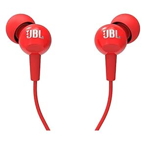 JBL C100SI Wired In Ear Headphones with Mic, JBL Pure Bass Sound, One Button Multi-function Remote, Premium Metallic Finish, Angled Buds for Comfort fit (Red)
