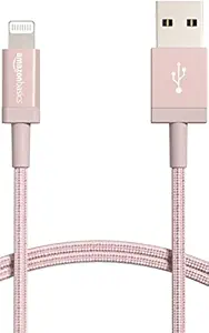 Amazon Basics New Release Nylon USB-A to Lightning Cable Cord, Fast Charging MFi Certified Charger for Apple iPhone, iPad (3-Ft, Rose Gold)