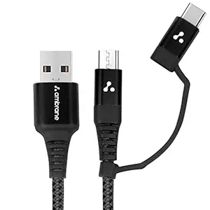 Ambrane 2 in 1 Type-C & Micro USB Cable with 60W / 3A Fast Charging, 480 mbps High Data, PD Technology & Quick Charge 3.0, Compatible with All Type-C & Micro USB Devices (ABDC-10, Black)