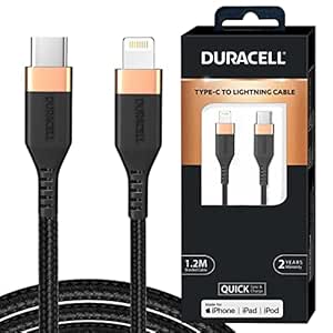 Duracell USB C To Lightning Apple Certified (Mfi) Braided Sync & Charge Cable For Iphone, Ipad And Ipod. Fast Charging Lightning Cable, 3.9 Feet (1.2M) - Black