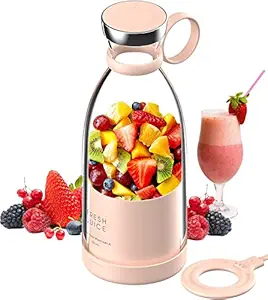 Personal Size Blender, Portable Blender, Battery Powered USB Blender, with Four Blades, Mini Blender Travel Bottle for Juice, Shakes, and Smoothies (Pink)