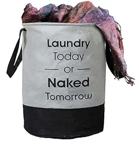 Kuber Industries Round Non Woven Fabric Foldable Laundry Basket|Toy Storage Basket|Cloth Storage Basket With Handles| Capicity 45 Ltr (Grey & Black)-KUBMART11446