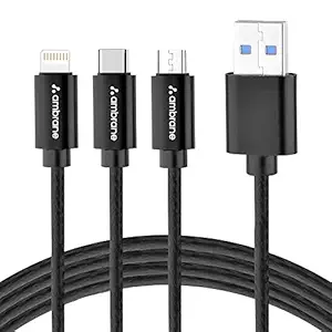 Ambrane Unbreakable 3 in 1 Fast Charging Braided Multipurpose Cable for Speaker with 2.1 A Speed - 1.25 meter, Black