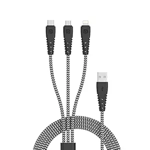 Portronics Konnect Spydr 31 3-in-1 Multi Functional Cable with 3.0A Output, Tangle Resistant, 1.2M Length, Nylon Braided(Zebra)