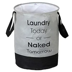 Heart Home Waterproof Round Non Wovan Laundry Bag/Hamper|Metalic Printed With Handles|Foldable Bin & 45 Liter Capicity|Size 37 x 37 x 49, Pack of 1 (Grey & Black)-HEARTXY11447