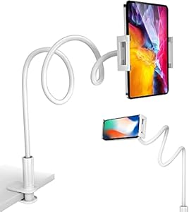Sounce 360 Adjustable Mobile Phone Holder, Universal Phone Holder Clip Lazy Bracket Flexible Gooseneck Clamp Long Arms Mount for Mobile Tabletop Stand for Bedroom, Office, Bathroom, White