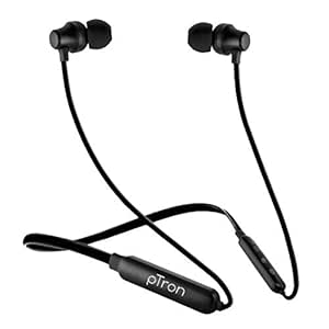PTron Tangent Lite Bluetooth 5.0 Earphones with Mic, Hi-Fi Stereo Sound Neckband, 8Hrs Playtime, Lightweight Snug-fit in-Ear Headphones, IPX4 Water Resistant, Fast Charge & Voice Assistant (Black)