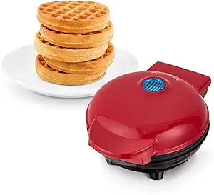 Kitchengenix's Mini Waffle Maker 4 Inch- 350 Watts: Stainless Steel Non-Stick Electric Iron Machine for Individual Belgian Waffles, Pan Cakes, Paninis or Other Snacks (Red)