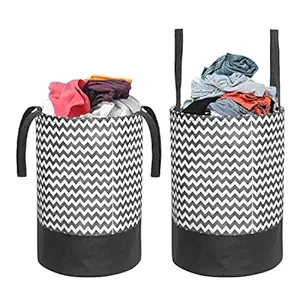 PrettyKrafts Laundry Bag / Basket for Dirty Clothes, Folding Round Laundry Bag,Set of 2, Black Wave